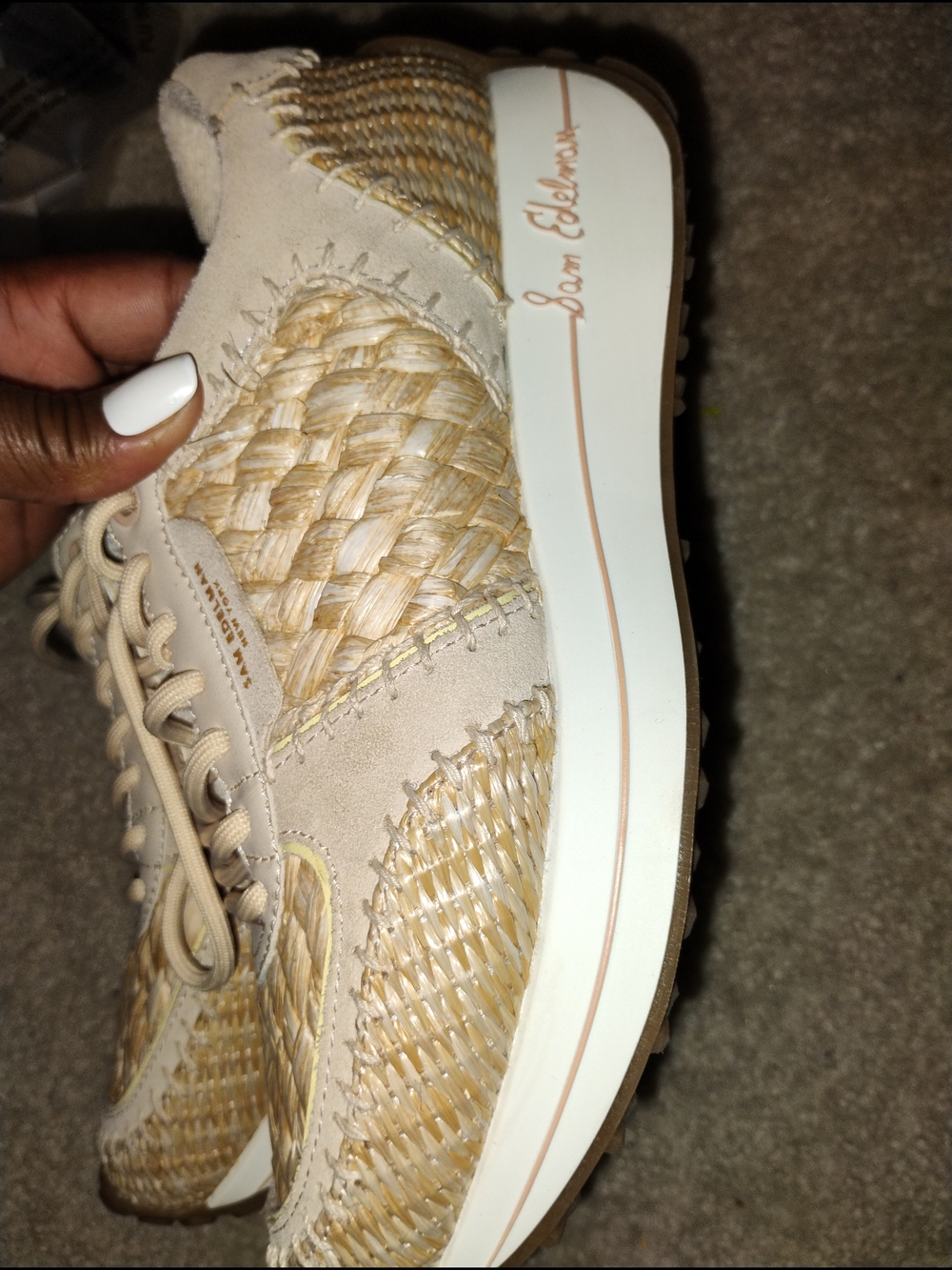 Sam Edelman Raffia-Look Lace-Up Sneakers in Beige and Tan - Picture 9 of 10